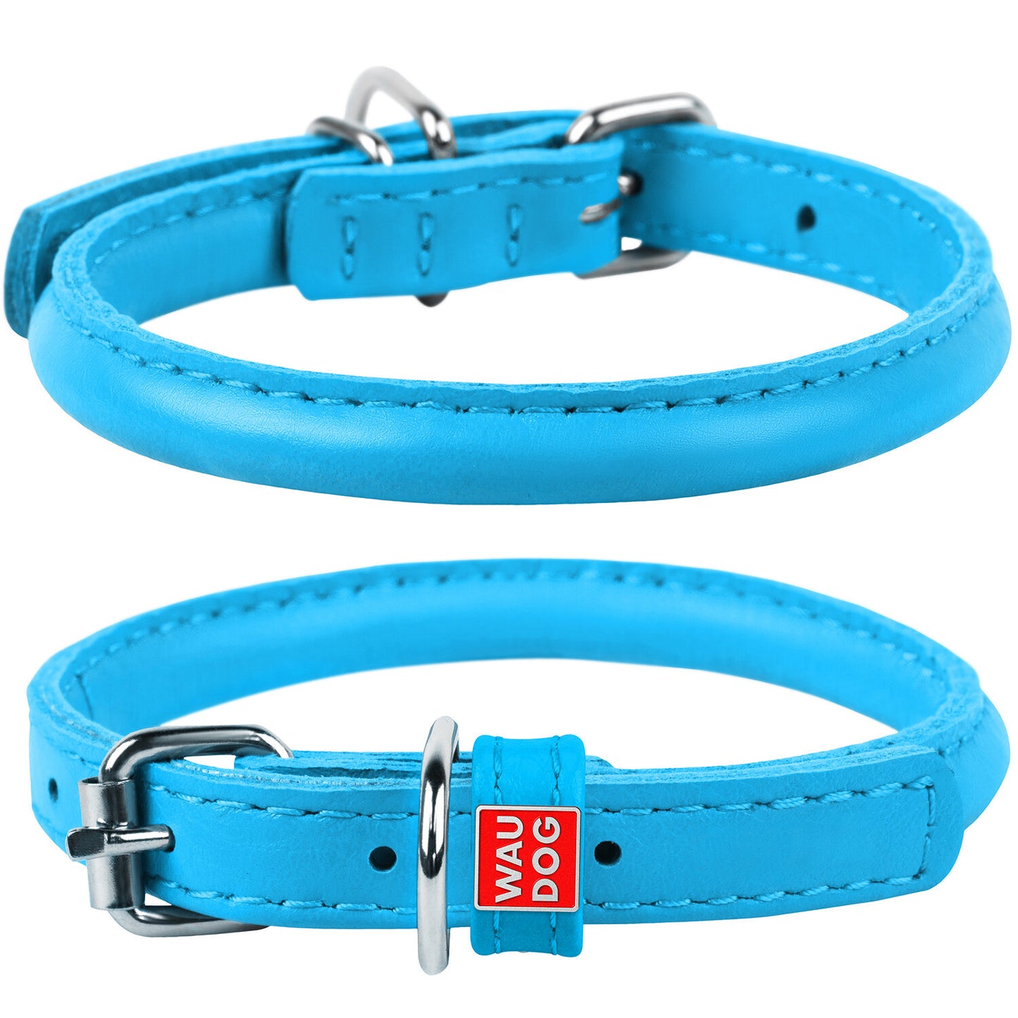 Waudog Leather Round Dog Collar 20-25CM BLUE