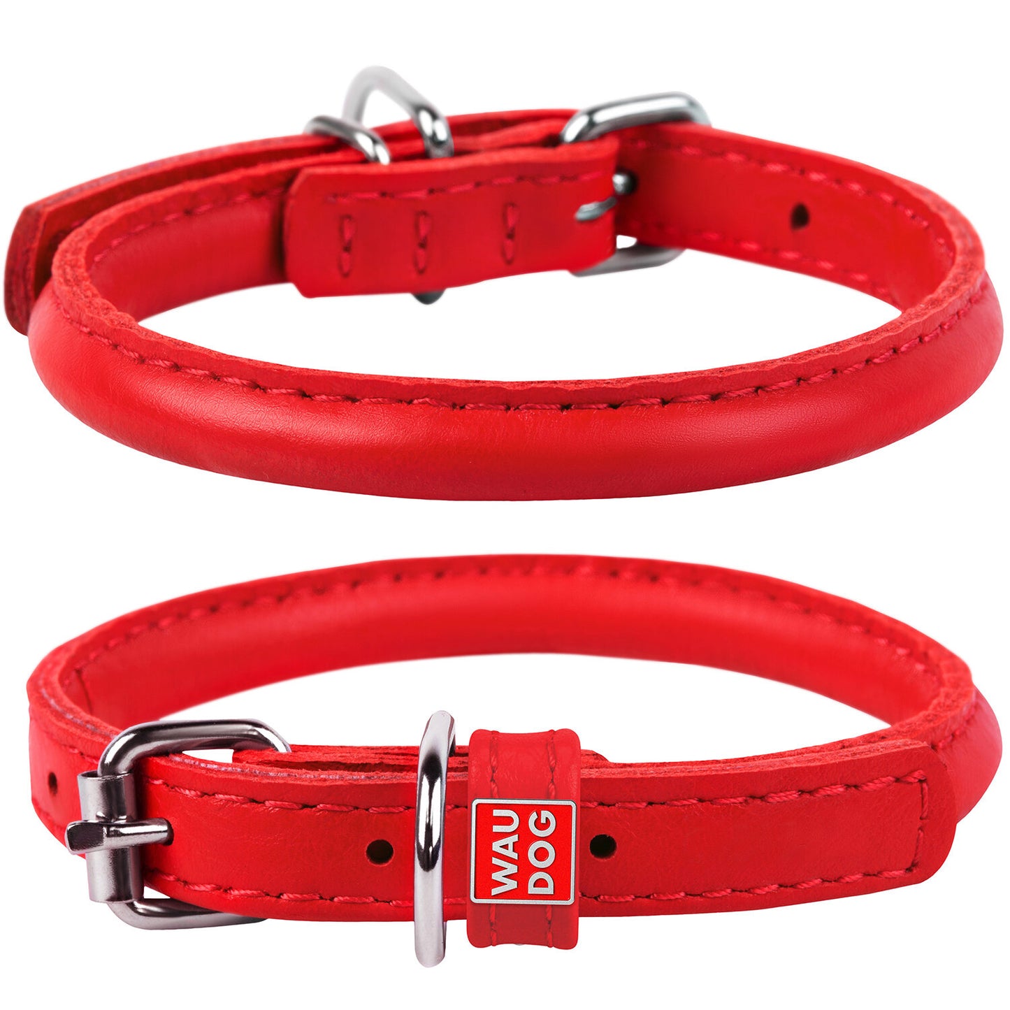 Waudog Leather Round Dog Collar 20-25CM RED