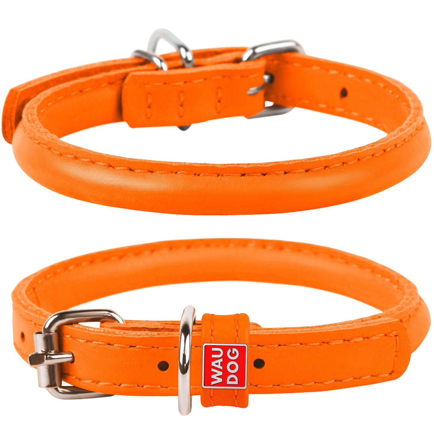 Waudog Leather Round Dog Collar 20-25CM ORANGE