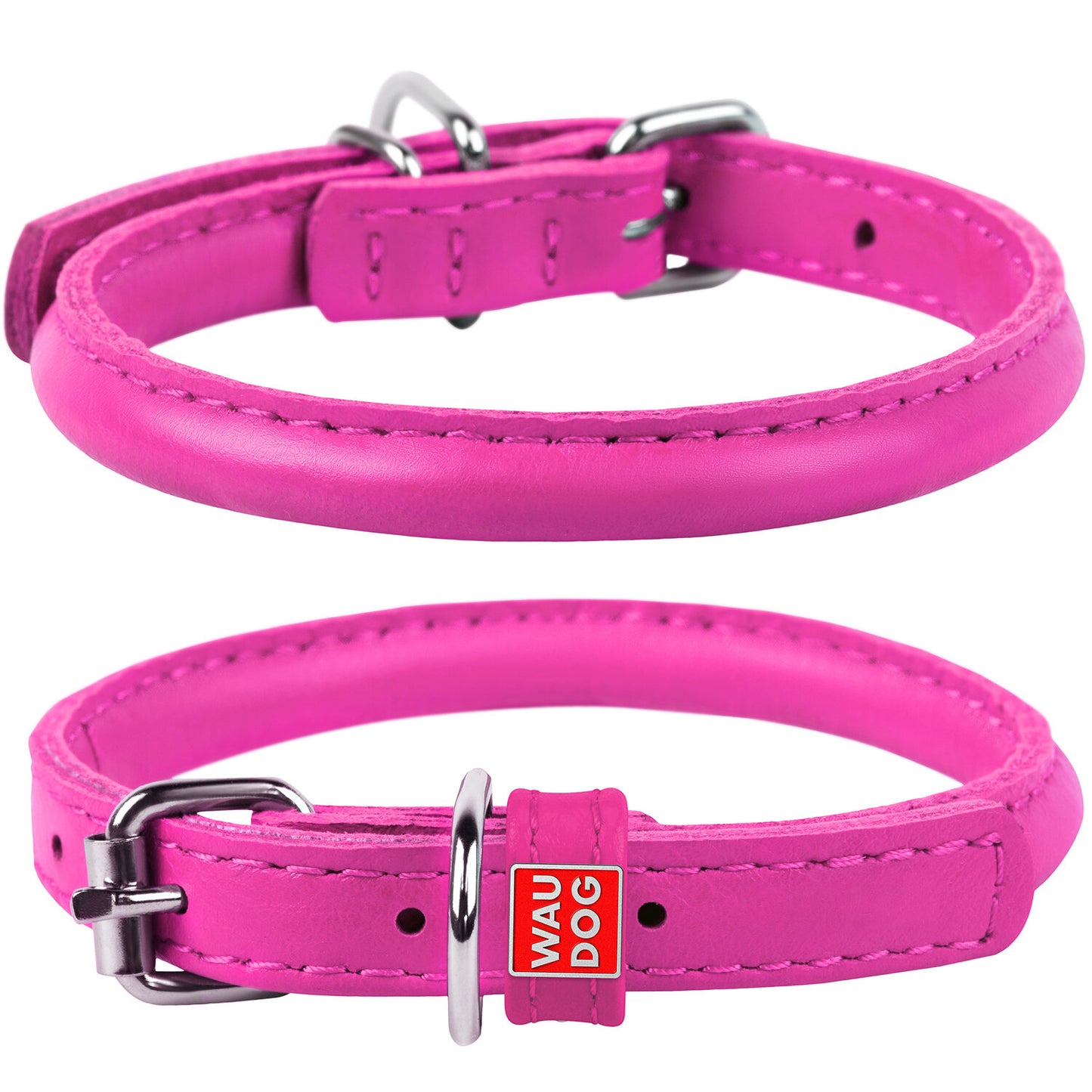 Waudog Leather Round Dog Collar 25-33CM PINK