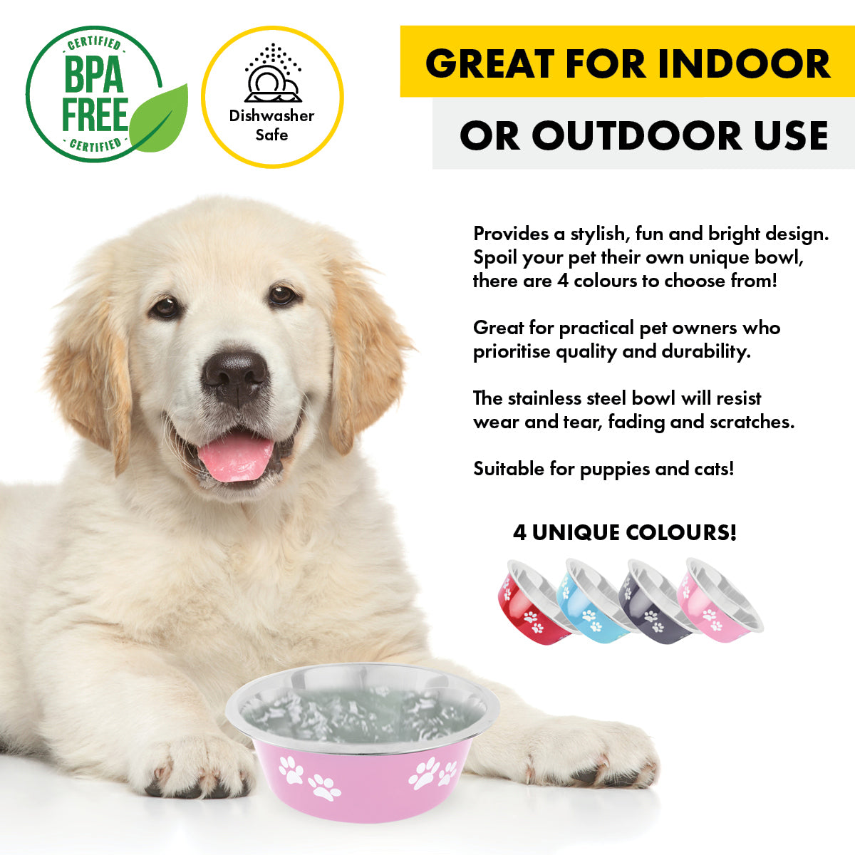 Pet Basic 24PCE Pet Bowls 13cm Stainless Steel Coloured With Paw Prints 350ml