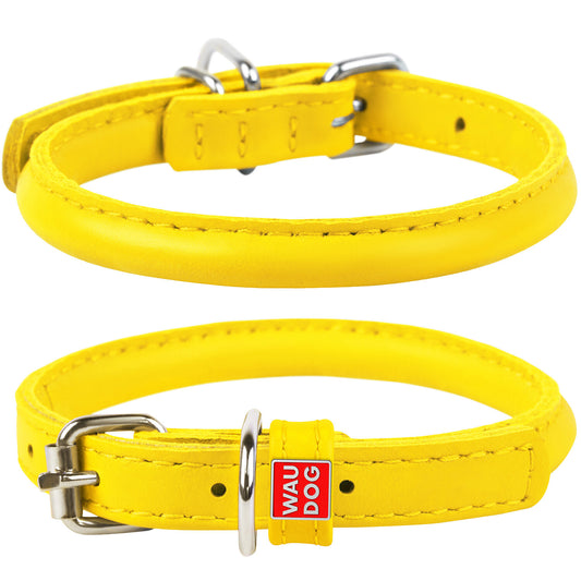 Waudog Leather Round Dog Collar  25-33CM YELLOW